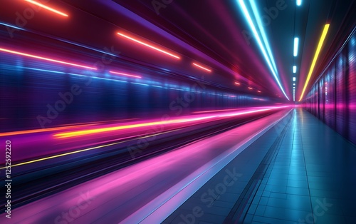 Neon lights streak through a futuristic tunnel.