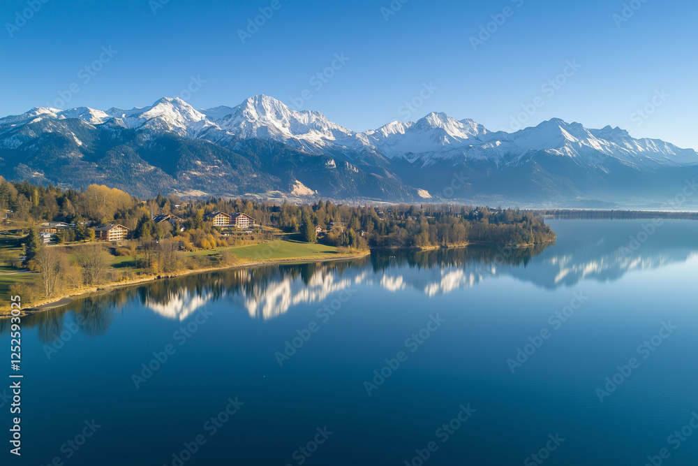 Obraz premium Peaceful lake surrounded by snow-capped mountains, offering a serene and picturesque winter landscape.