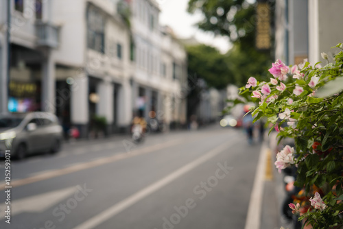 Gentle City Street with Pink Flowers