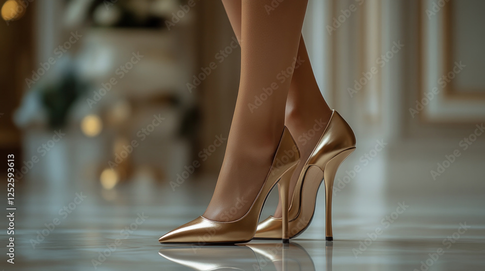 Heels photoshoot featuring metallic gold stilettos styled with a sleek black evening gown Heels photoshoot featuring metallic gold stilettos styled with a sleek black evening gown