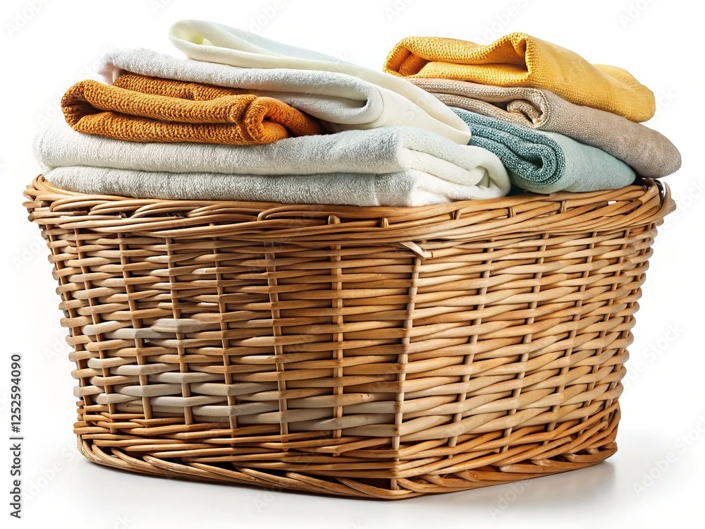 Obraz premium Wicker Laundry Basket with Fluffy Towels Isolated on White