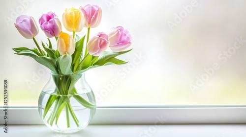 A vase of fresh tulips in pastel colors, placed on a windowsill with soft natural light streaming through.