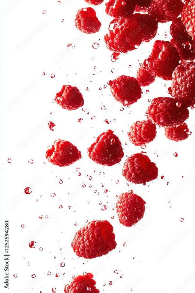 A crisp, high-speed shot of raspberries dropping into water, capturing vibrant color and energy on a stark white background A crisp, high-speed shot of raspberries dropping into water, capturing vibrant color and energy on a stark white background