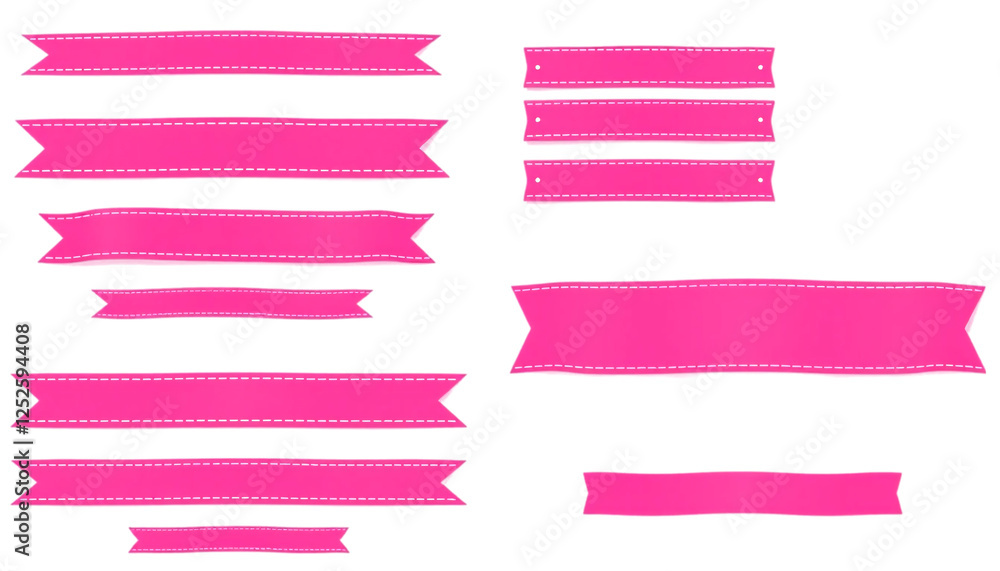 Collection of Pink Ribbons with Stitching for Design Elements. A set of various sized bright pink ribbons with white stitching isolated on a white background Collection of Pink Ribbons with Stitching for Design Elements. A set of various sized bright pink ribbons with white stitching isolated on a white background