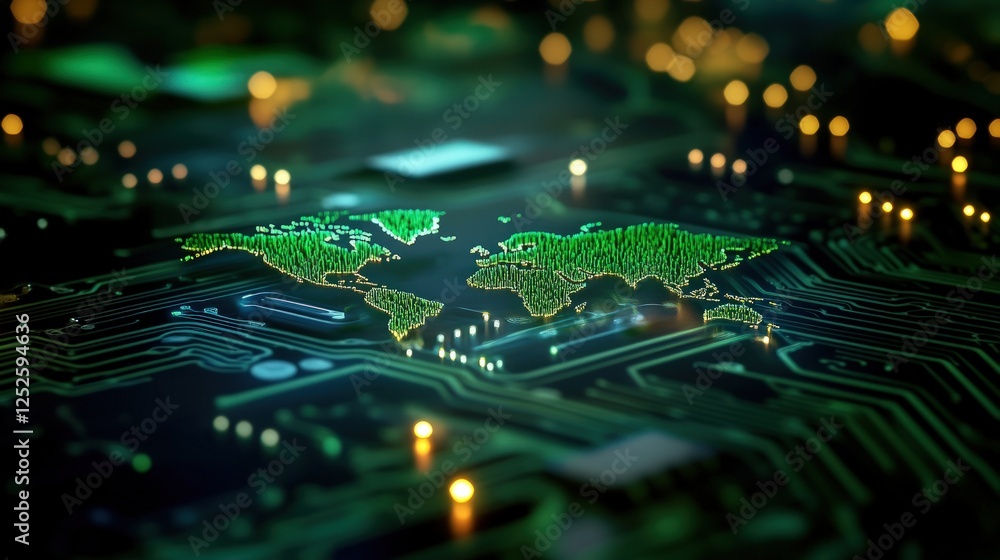 Obraz premium Green world map on circuit board, glowing, tech background, global network