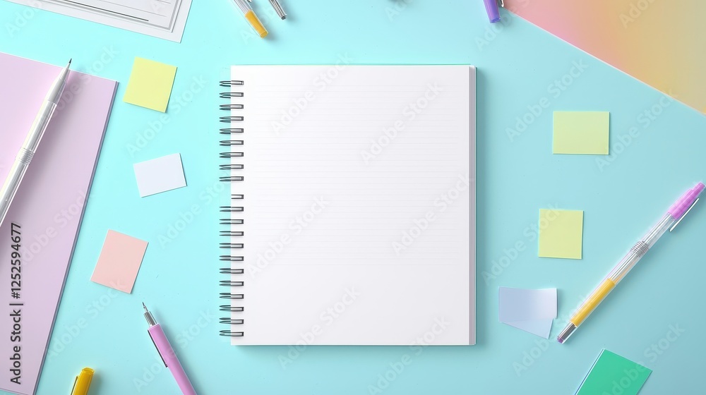 Blank notebook open on a desk surrounded by sticky notes and pens, ready for learning. Blank notebook open on a desk surrounded by sticky notes and pens, ready for learning.