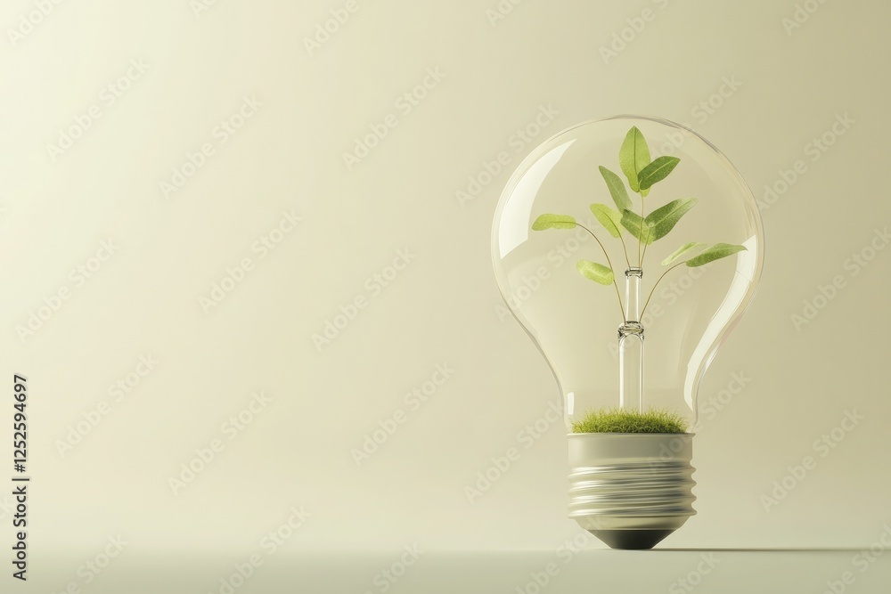 Simple and elegant concept of a light bulb with a green sprouting plant inside, on a neutral background with lots of copy space surrounding it. Simple and elegant concept of a light bulb with a green sprouting plant inside, on a neutral background with lots of copy space surrounding it.