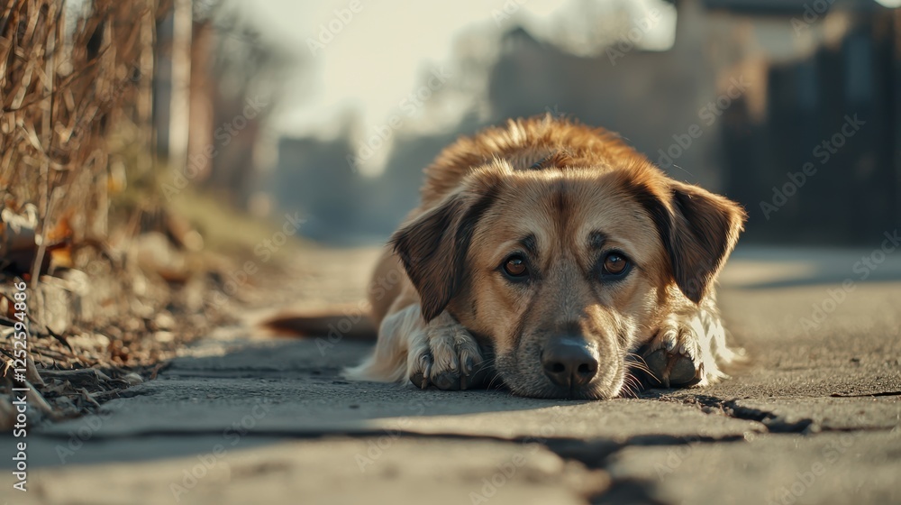 A sad dog rests on a pavement, gazing intently, embodying a sense of longing and vulnerability amidst an outdoor setting. A sad dog rests on a pavement, gazing intently, embodying a sense of longing and vulnerability amidst an outdoor setting.