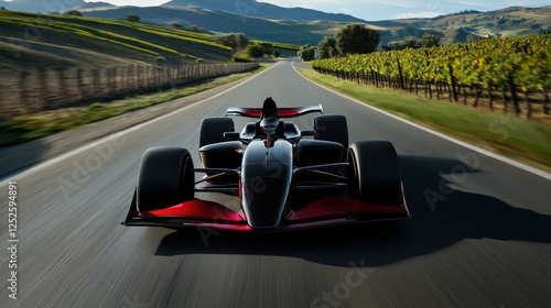 A black race car is speeding down a road