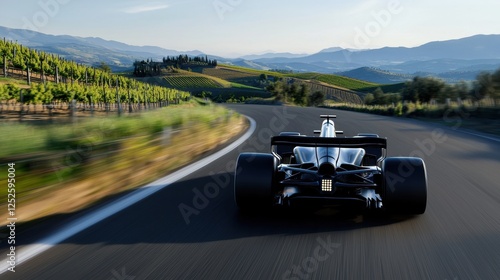 A black race car is speeding down a winding road