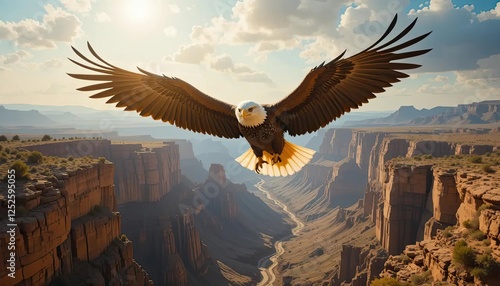Wallpaper Mural A majestic bald eagle soaring above a canyon, its wings spread wide, with golden sunlight highlighting its powerful form.
 Torontodigital.ca