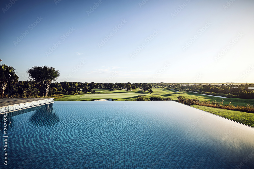 Fototapeta premium Golden-hour golf paradise overlooking a lush fairway and modern clubhouse, complete with an infinity pool for a luxurious and serene retreat