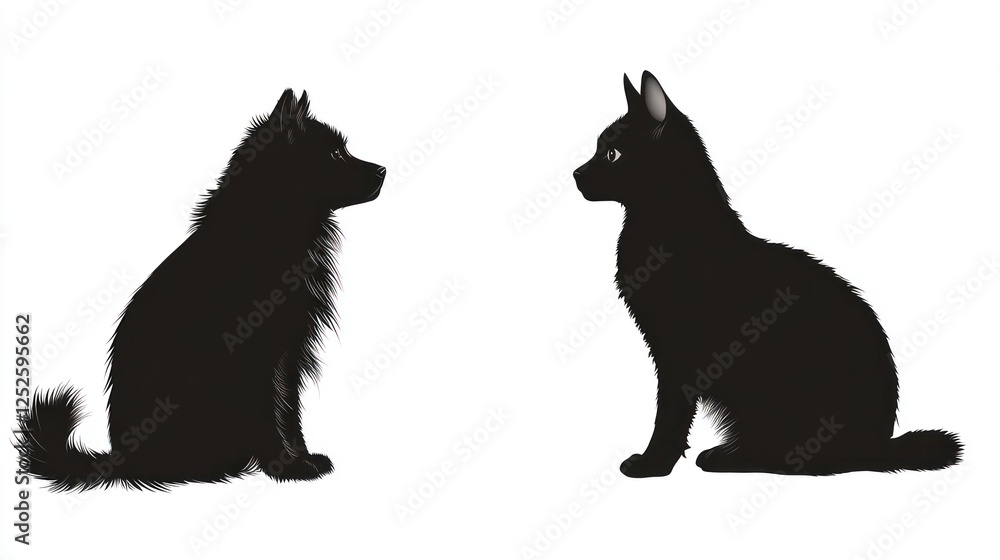 Fototapeta premium Silhouette of a Dog and a Cat, Facing Each Other, in Black and White