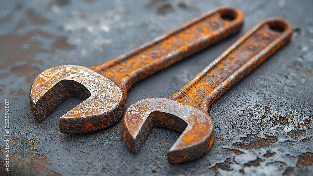 Two old rusty wrenches lie on a corroded metal background Two old rusty wrenches lie on a corroded metal background