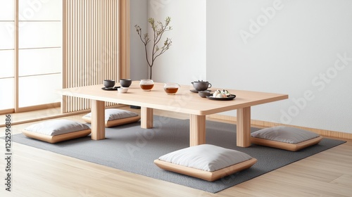 Japanese low dining table with cushions, serving tea and sushi, traditional tatami flooring photo