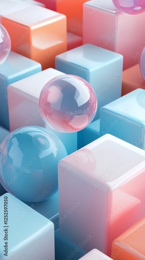 Abstract 3D background featuring floating spheres cubes with smooth surfaces arranged in a pattern of interconnected layers Soft shadows and vivid colors make for an eyecatching wallpaper