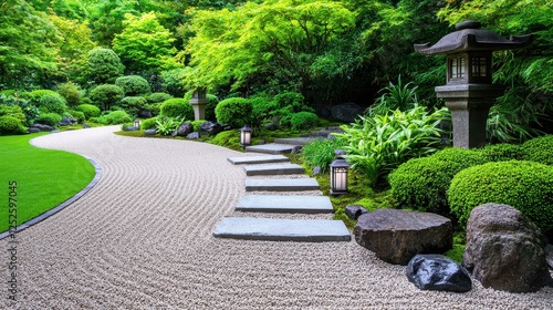 Japanese Zen garden with meticulously raked gravel, stone lanterns, and lush greenery, calm and meditative setting photo