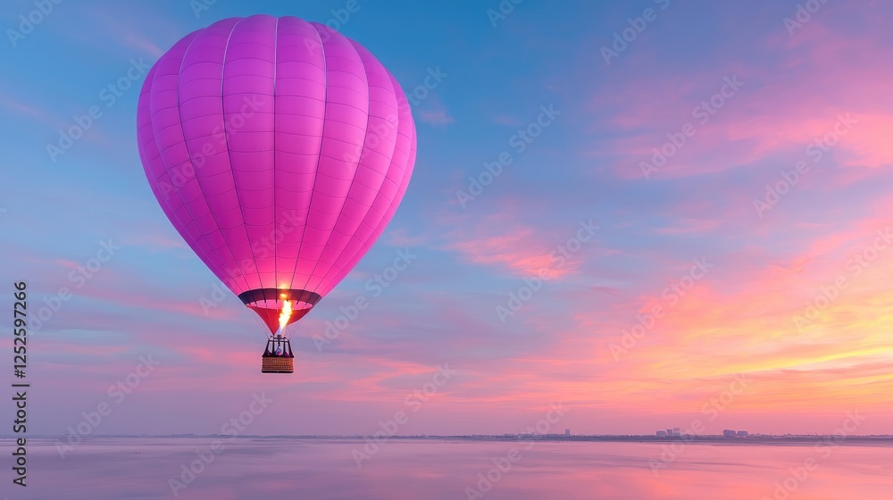 Fototapeta premium Pink hot air balloon sunrise flight over calm waters