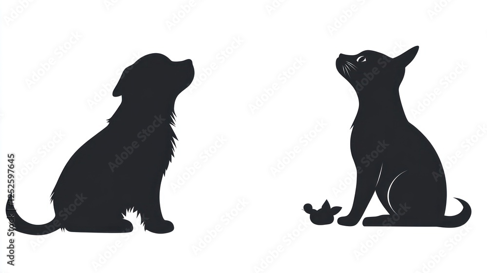 Silhouette of Two Adorable Pets: A Puppy and a Kitten Silhouette of Two Adorable Pets: A Puppy and a Kitten