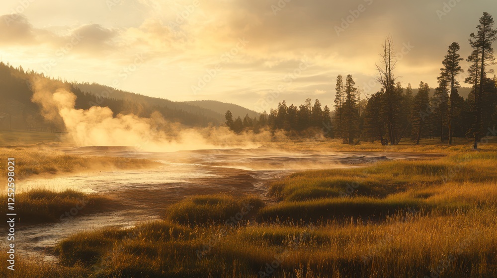 Fototapeta premium Golden Hour Geothermal Serenity: Yellowstone National Park Sunrise