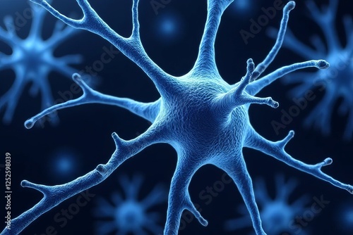 a 3d rendering of a blue nerve cell with a dark blue background.