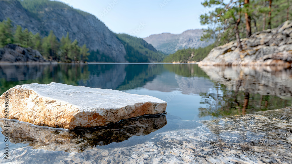 Fototapeta premium Calm mountain lake, rock in foreground, clear water, scenic view, nature photography