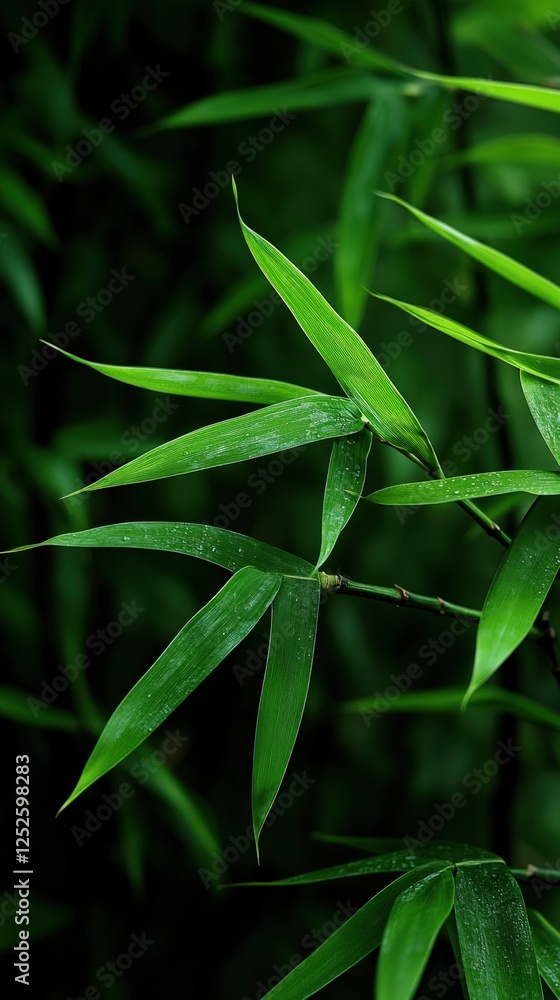 Fototapeta premium Lush green bamboo leaves, close-up, garden backdrop, nature serenity
