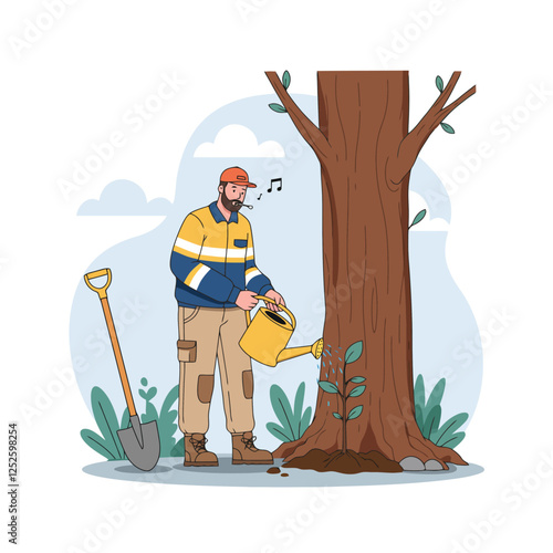 Man Watering Young Tree Seedling with Watering Can Outdoors Illustration