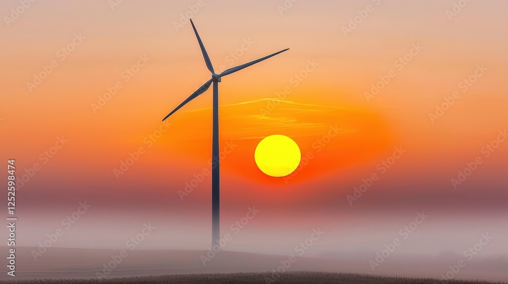 Obraz premium Sun rising over a wind turbine field, soft colors blending with the sky, symbol of sustainability