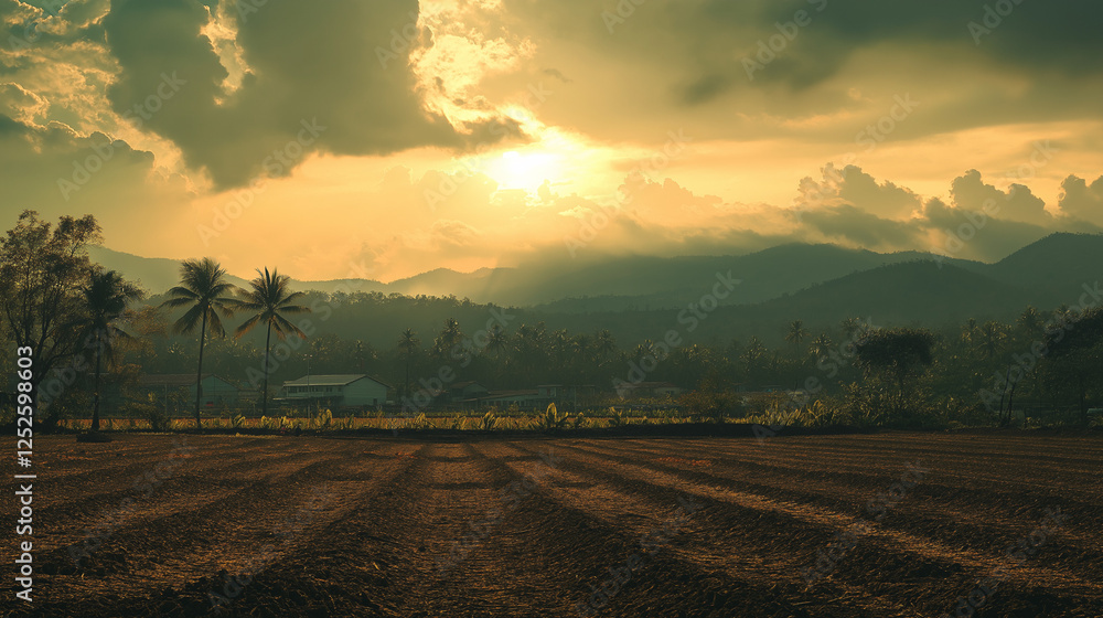 Freshly tilled earth under a rising sun, with monsoon clouds hanging overhead, evoking a sense of renewal. Freshly tilled earth under a rising sun, with monsoon clouds hanging overhead, evoking a sense of renewal.
