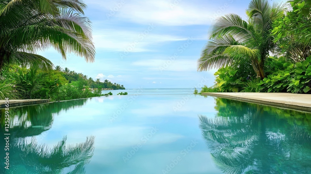 Tropical resort pool surrounded by lush greenery, palm trees reflected in the calm water Tropical resort pool surrounded by lush greenery, palm trees reflected in the calm water