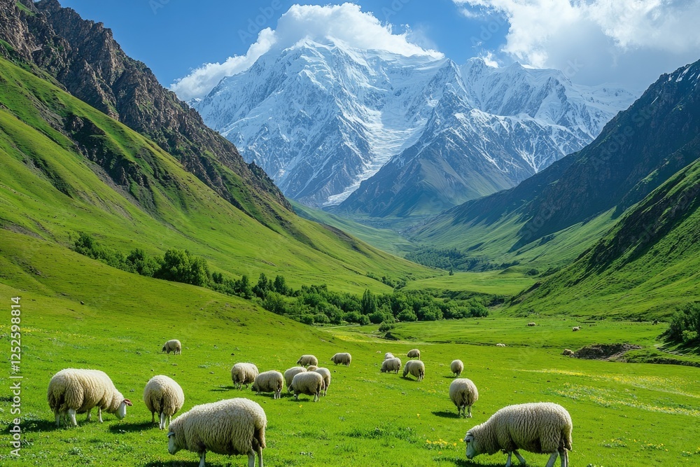 Fototapeta premium Grazing sheep in lush mountain valley landscape