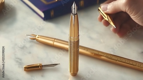 Gold fountain pen, measuring tools,  on marble, hand holding pen nib photo