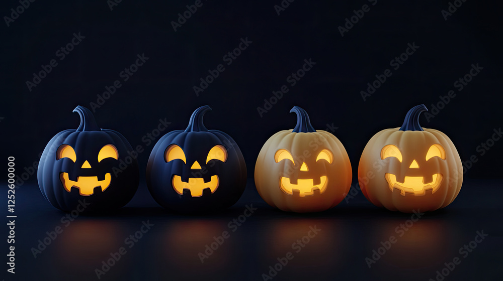 Glowing Halloween Pumpkins with Various Faces on Dark Background Glowing Halloween Pumpkins with Various Faces on Dark Background