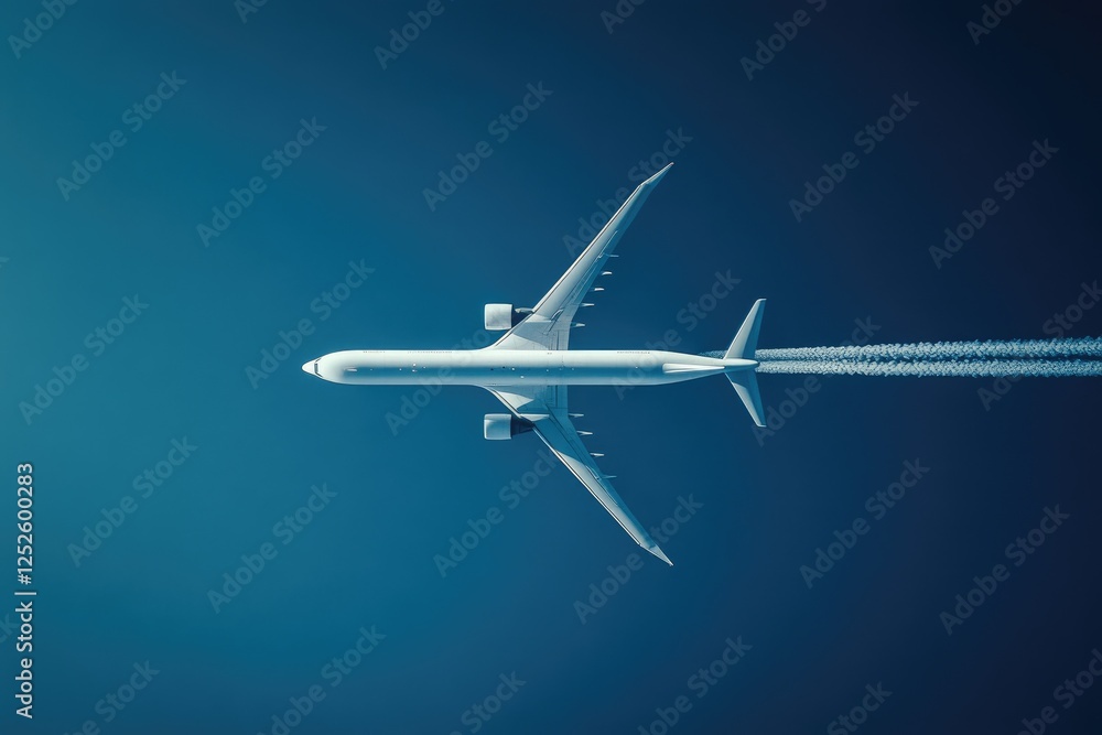 Airplane soaring high with vapor trail in blue sky Airplane soaring high with vapor trail in blue sky