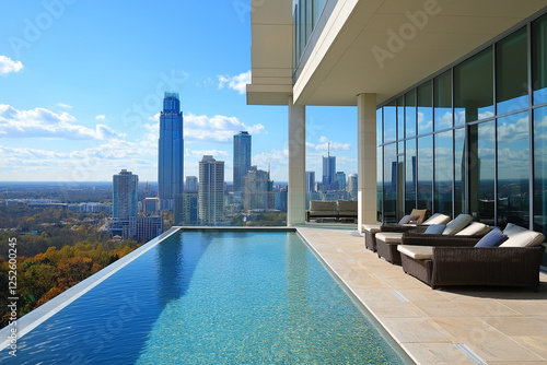 Elegant high-rise apartments with a glistening cityscape view, offering urban luxury living. photo