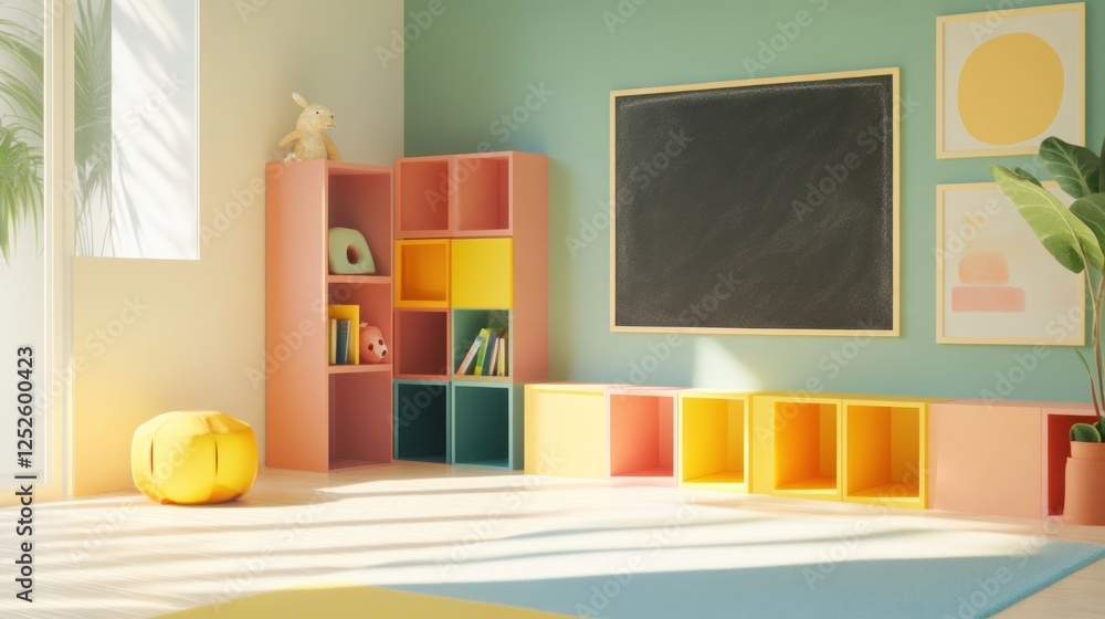 Fototapeta premium Colorful classroom, sunlit room, toys, learning