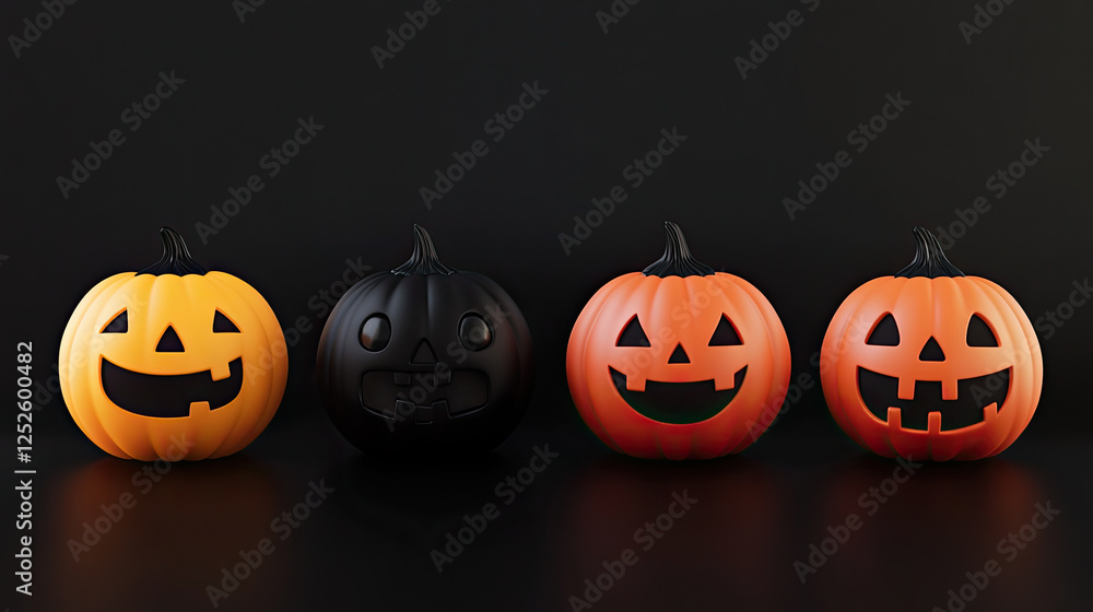 Glowing Halloween Pumpkins with Various Faces on Dark Background Glowing Halloween Pumpkins with Various Faces on Dark Background