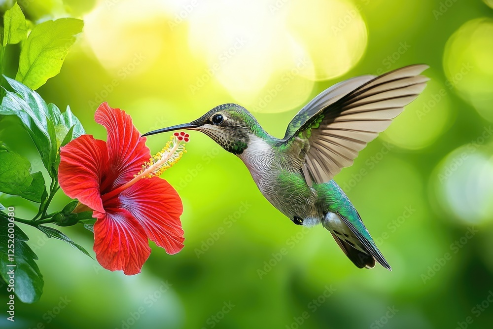 Hummingbird in flight beside a vibrant hibiscus bloom Hummingbird in flight beside a vibrant hibiscus bloom