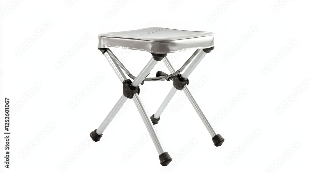 a space-saving camping stool, ultra-compact , telescopic retractable feature, metallic silver, isolated on white background a space-saving camping stool, ultra-compact , telescopic retractable feature, metallic silver, isolated on white background