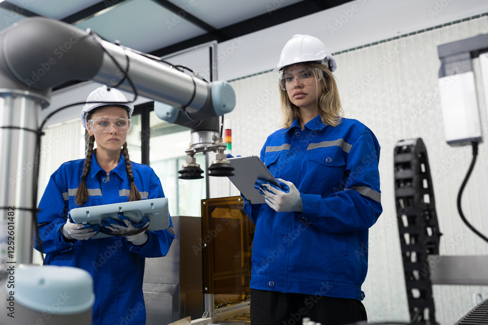 Two woman engineer control autonomous robotics arm for manufacturing in room education workshop building. Innovative self-learning technology concept Two woman engineer control autonomous robotics arm for manufacturing in room education workshop building. Innovative self-learning technology concept