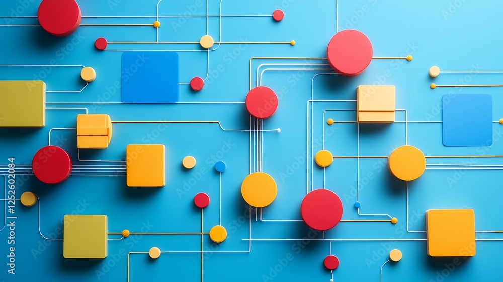Abstract colorful 3D shapes connected by lines on blue background. Abstract colorful 3D shapes connected by lines on blue background.