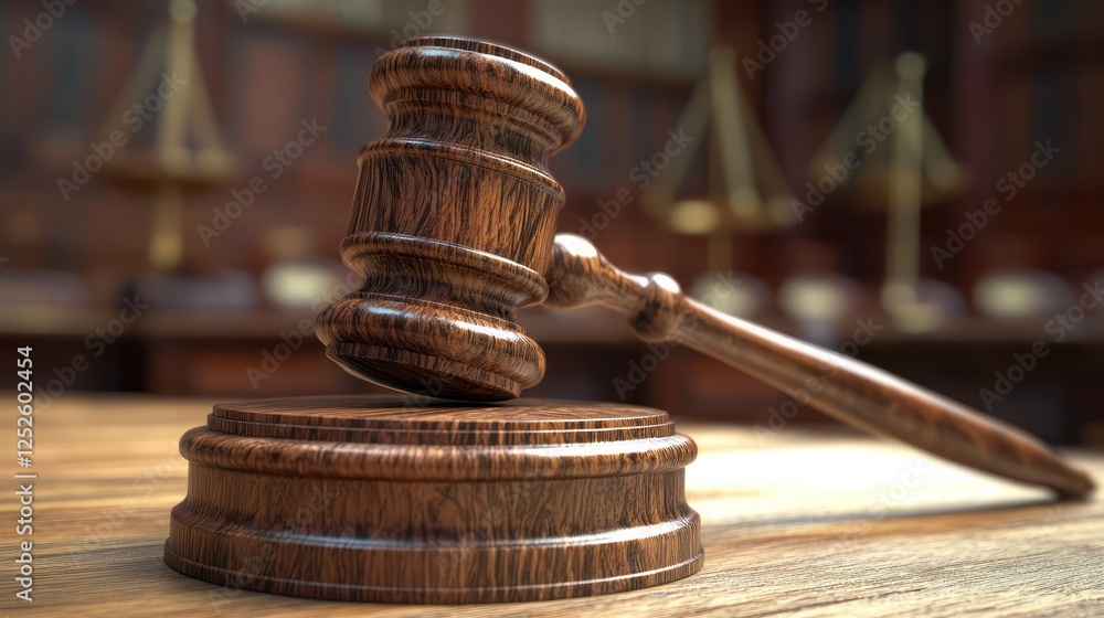 Justice Gavel on Wooden Block in Courtroom Setting