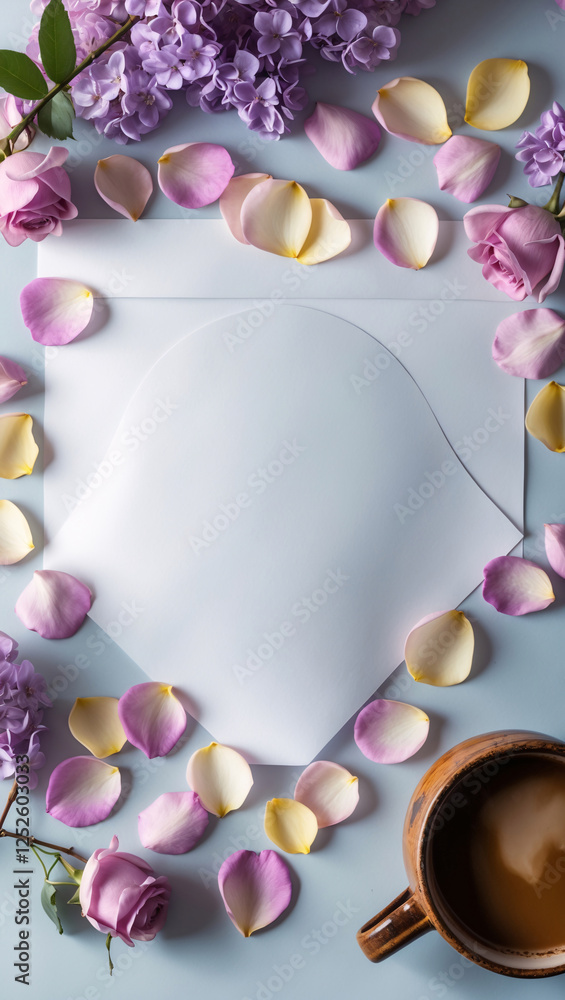 Fototapeta premium Soft Lilac Flowers and Pastel Rose Petals Surrounding Blank White Paper Beside A Cozy Mug of Hot Coffee for Relaxed Ambience Romantic Wallpaper Background Idea Inspiration