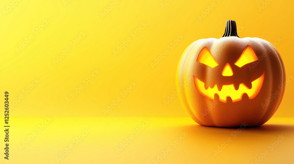 Glowing Halloween Pumpkin on Yellow Background - Jack-o'-Lantern Decor Glowing Halloween Pumpkin on Yellow Background - Jack-o'-Lantern Decor