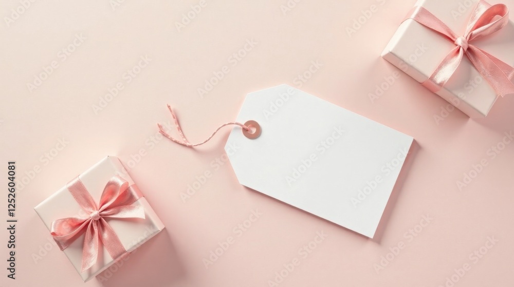 A delicate pink background showcases two elegantly wrapped gifts adorned with blush-toned ribbons, accompanied by a blank gift tag ready for a personalized message. A delicate pink background showcases two elegantly wrapped gifts adorned with blush-toned ribbons, accompanied by a blank gift tag ready for a personalized message.