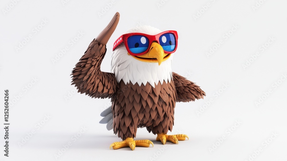 Naklejka premium a 3D cartoon smiling bald eagle, saluting proudly, wearing red, white, and blue sunglasses, isolated on white background