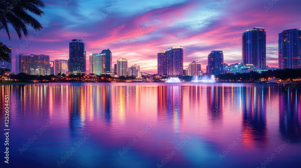 Fototapeta premium A stunning cityscape at sunset, with the glowing skyline reflected in the calm water, creating a serene and calming view of urban beauty