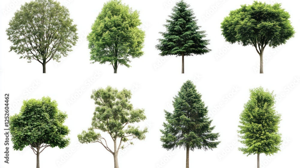 Fototapeta premium Eight diverse trees isolated on white background, ideal for design