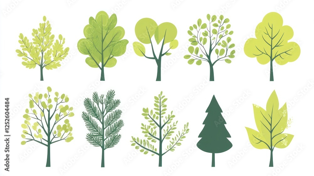 Obraz premium Green trees, nature collection, spring foliage, white background, design elements